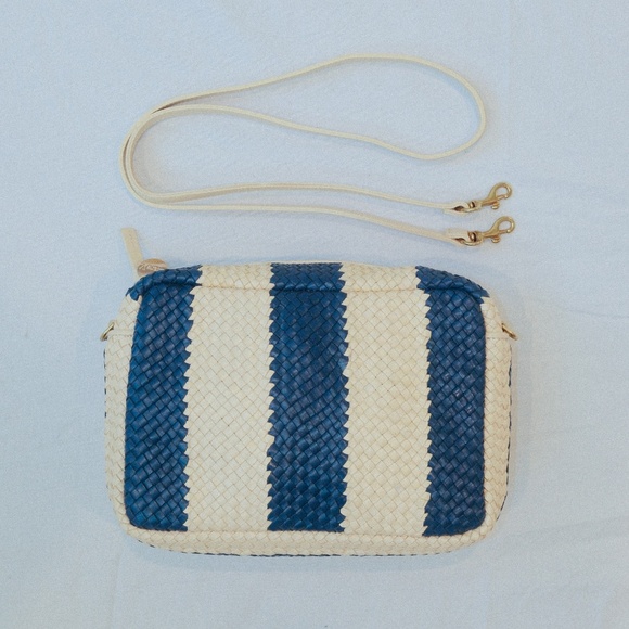 Clare V. Marisol Woven Leather Crossbody Bag – Indigo & Cream Racing Stripes - Picture 7 of 8